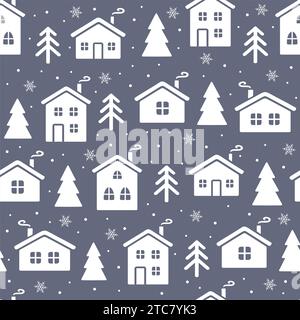 Seamless pattern with Christmas houses and fir trees in winter. Festive background. Happy New Year vector illustration. Stock Vector