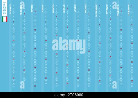 One-row vertical calendar for the year 2024 in Italian. Italian calendar for 2024 with highlighted Sundays. Vector illustration. Stock Vector