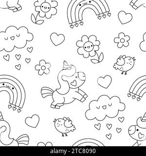 Vector black and white kawaii Saint Valentine seamless pattern for kids. Cute cartoon line repeat background. Love holiday symbols coloring page with Stock Vector