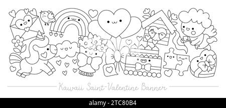 Saint Valentine black and white horizontal banner with cute kawaii characters for kids. Vector cupid, unicorn, rainbow, hearts. Line illustration with Stock Vector