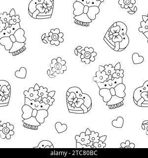 Vector black and white kawaii Saint Valentine seamless pattern for kids. Cute cartoon line repeat background. Love holiday symbols coloring page with Stock Vector