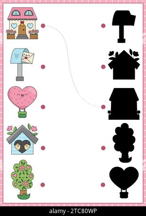 Saint Valentine shadow matching activity. Love holiday shape ...