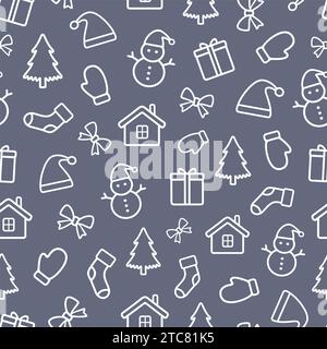 Seamless pattern with Christmas accessories: gift box, house, bow, snowman, fir tree, sock, mitten. Festive background. Happy New Year vector illustra Stock Vector