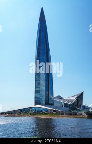 Russia, Saint-Petersburg - June 24, 2023: Skyscraper Lakhta center on the shore of the Gulf of Finland on a summer day, Gazprom headquarters, illustra Stock Photo