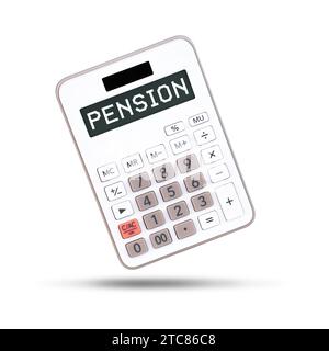 Calculate your pension concept on white calculator isolated on white background with no display Stock Photo