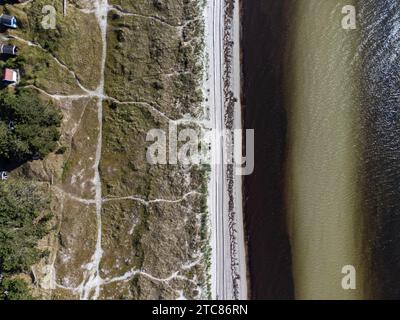 Aerial view of a river with a winding road alongside the bank in Varberg, Sweden Stock Photo