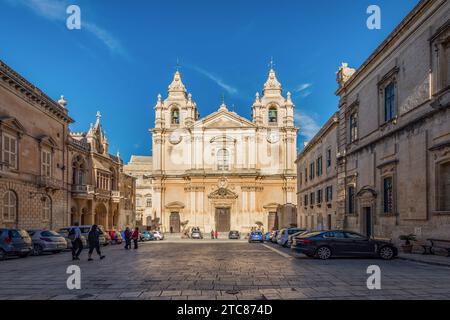 The Baroque Cathedral of Saint Paul in the Mdina old fortified city, Malta Stock Photo