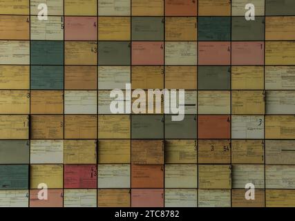 A picture of colorful records on display inside the Topography of Terror museum complex, in Berlin Stock Photo