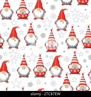 Vector seamless pattern christmas gnomes isolated on white. Cartoon characters. Xmas design for holidays decoration, greeting. Stock Vector