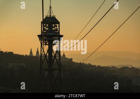 A picture of one of the Port Cable Car towers captured at sunset Stock ...