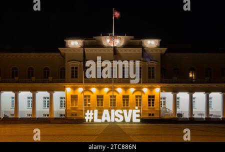 A picture of the Presidential Palace of Vilnius, at night, with a large illuminated sign that says Stock Photo