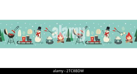 Winter Outdoors Leisure activity seamless vector pattern border. Roast marshmallow, Hot Cocoa, smores, chocolate cup cute cartoon illustration. Stock Vector