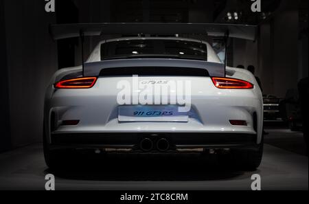 A picture of the rear view of the Porsche 911 GT3 RS, captured in an auto shop in Berlin Stock Photo