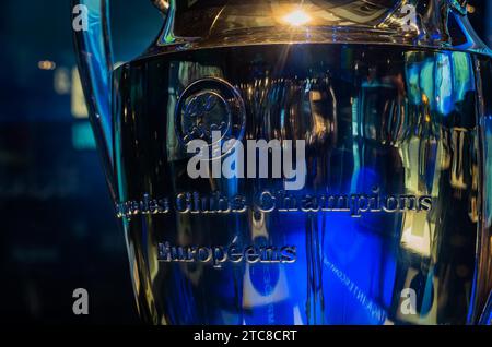A close-up picture of the Champions League trophy on display inside the FC Porto Museum Stock Photo