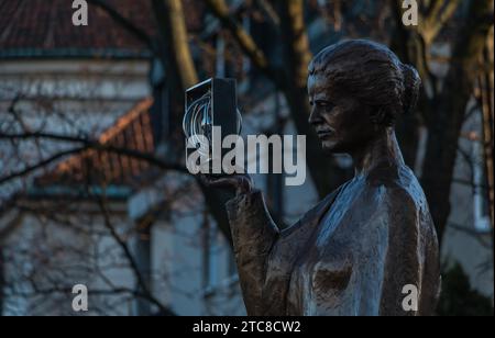 A picture of the statue of Marie Curie, captured in Warsaw Stock Photo