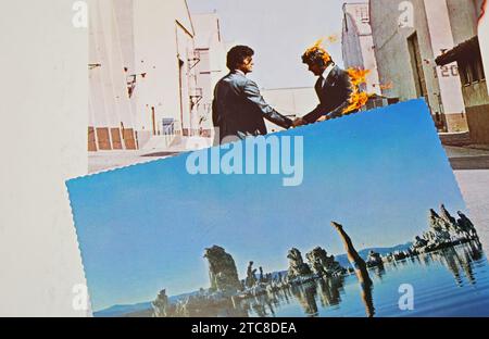 Viersen, Germany - May 9. 2023: Closeup of Pink Floyd Wish you were here record album cover with postcard from 1975 Stock Photo