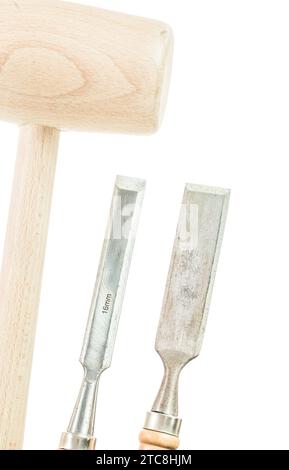 Flat chisels wooden mallet isolated on white Stock Photo