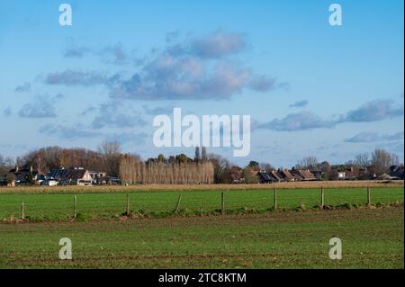 Green farmland, staples and houses at the countryside around Meise, Flemish Brabant Region, Belgium Stock Photo