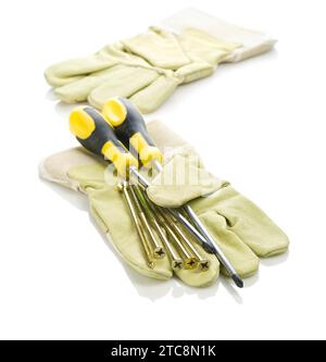 Screws and screwdrivers with gloves Stock Photo