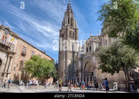 Toledo, Spain - August 29, 2023: The 13th century Primatial Cathedral of Saint Mary of Toledo is a popular tourist attraction in historic Toledo, Spai Stock Photo