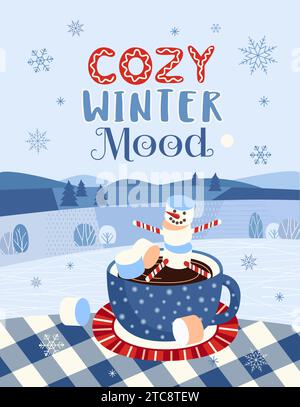Cozy Winter Mood Hot cocoa mug on buffalo plaid fancy vector typography poster. Cute marshmallow snowman in hot chocolate drink cup, coffee mug Stock Vector