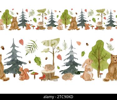 Watercolor seamless border with forest animals isolated on a white background. Forest inhabitants: bear, hare, hedgehog, squirrel, mushrooms, fern, sp Stock Photo