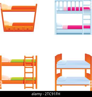 Bunk bed icons set cartoon vector. Two tier bed with mattress, pillow and blanket. Children room furniture Stock Vector