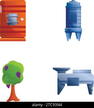 Wine making icons set cartoon vector. Wine production process in winery factory. Wine making concept Stock Vector