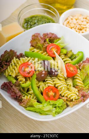 Fresh healthy homemade italian fusilli pasta salad with parmesan cheese, pachino cherry tomatoes, black olives and mix vegetables, dressed with Stock Photo