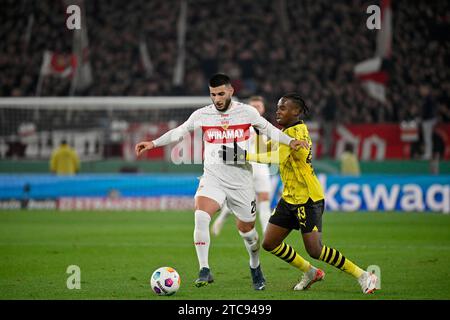 Deniz Undav VfB Stuttgart (26) against Jamie Bynoe-Gittens Borussia Dortmund BVB (43) DFB Cup, MHPArena, MHP Arena Stuttgart, Baden-Wuerttemberg Stock Photo