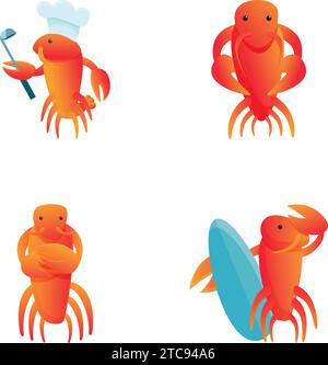 Crayfish icons set cartoon vector. Cute red crayfish. Cartoon character, sea animal Stock Vector