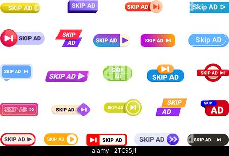 Skip ad icons set cartoon vector. Apply cursor continue. Refusal join Stock Vector