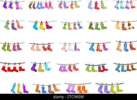 Clothesline sock icons set cartoon vector. Drying hanging. Pair rope fiber Stock Vector