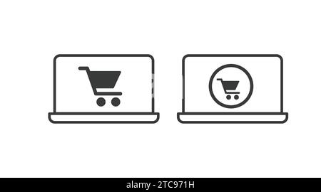 Online Shopping Icon. Vector black and white isolated editable illustration of a laptop with a cart Stock Vector