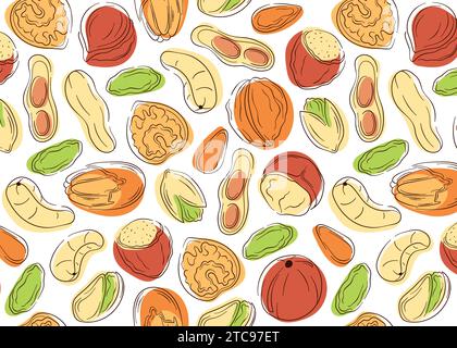 Nuts seamless pattern in line art, flat style. Pistachios, hazelnut, almond, cashew, walnuts, macadamia, peanut and pecan. Vector illustration on a Stock Vector