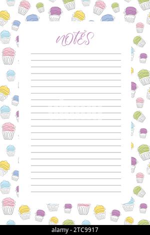Blank lined note paper with a colorful cupcake border. Continuous one line drawing style. Vector illustration. Perfect for journaling, scrapbooking, n Stock Vector