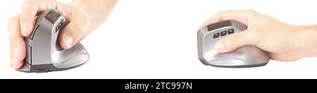 Close-up of male hand clicking on vertical computer mouse. Isolated vertical mouse. Concept of body health. Office syndrome concept. Carpal Tunnel Syn Stock Photo
