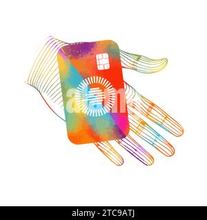 Colored hand holding a credit card. Bank card in hand. SHOTLISTbanking. hand drawing. Not AI, Vector illustration Stock Vector