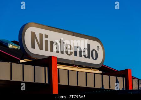 Kungsbacka, Sweden - January 30 2022: Nintendo logo on top of a building. Stock Photo