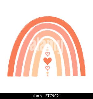 Cute rainbow with hearts in trendy 2024 peach fuzz color palette. Textured rainbow elements in boho style, vector Illustration. Stock Vector