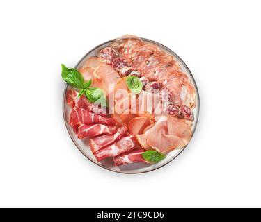 Cured Meat Platter, Antipasto Set, Appetizer Variety on Plate over White Background Isolated Stock Photo