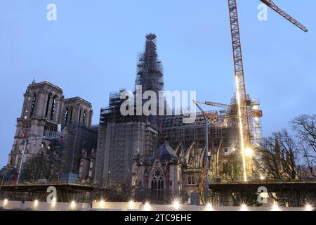 Paris, France. December 10. 2023. Notre Dame de Paris cathedral. Famous monument dating from the 14th century. Currently under reconstruction. Stock Photo