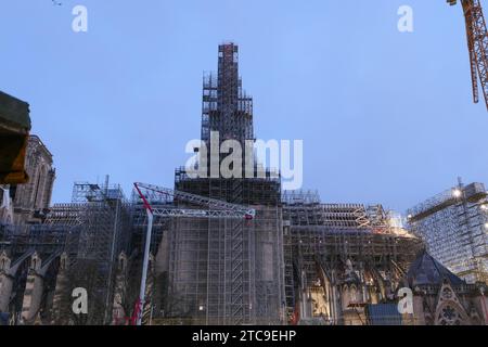 Paris, France. December 10. 2023. Notre Dame de Paris cathedral. Famous monument dating from the 14th century. Currently under reconstruction. Stock Photo