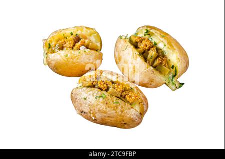 Turkish Kumpir, baked potatoes stuffed with cheese, bacon, salty cucumber, herbs and butter Isolated, white background Stock Photo