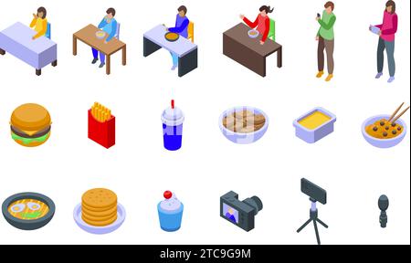 Mukbang icons set isometric vector. Blogger video food. Channel vlog Stock Vector