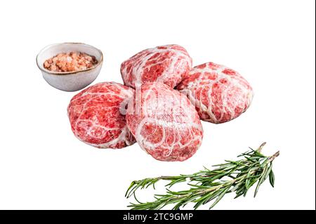 Raw Caul Fat Meatballs burger cutlets, fresh meat. Isolated, white background Stock Photo