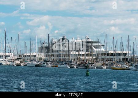 Lanzarote, Spain - November 25, 2023: MSC Seaview at anchor in Lanzarote during a 14 night trip from Brazil to Spain Stock Photo