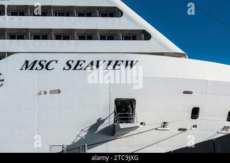 Lanzarote, Spain - November 25, 2023: MSC Seaview at anchor in Lanzarote during a 14 night trip from Brazil to Spain Stock Photo