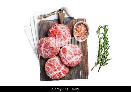 Raw Caul Fat Meatballs burger cutlets, fresh meat Isolated, white background Stock Photo