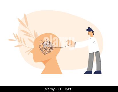 Abstract metaphor of psychotherapy. A man pulls a thread to untangle a knot. Head silhouette with mental disorder. Tangled thoughts, chaos and stress. Stock Vector